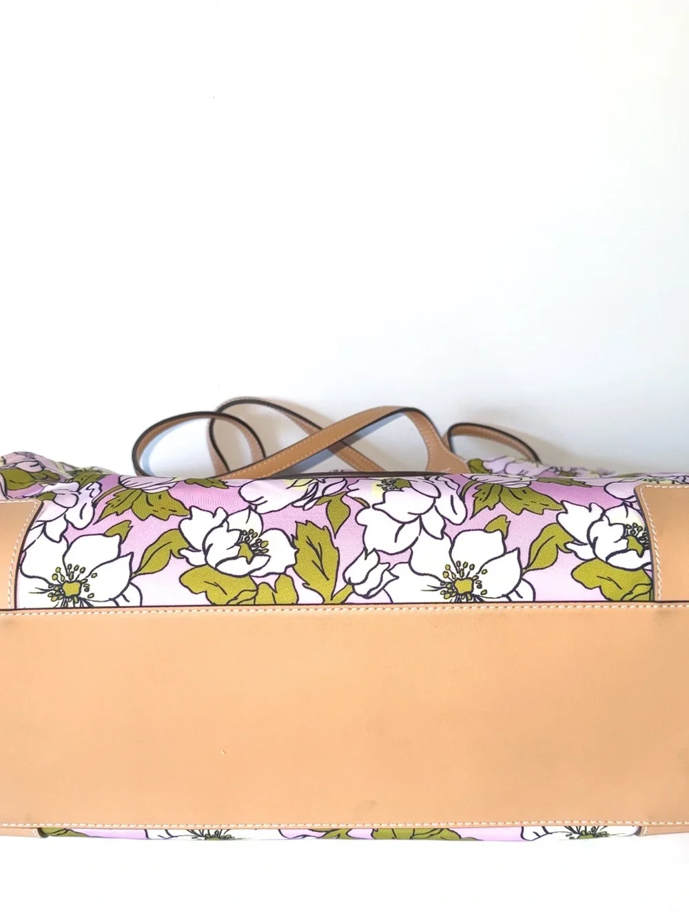 Tory Burch Ella Pink Floral Print Tote with Tan Leather Logo Laptop Sleeve